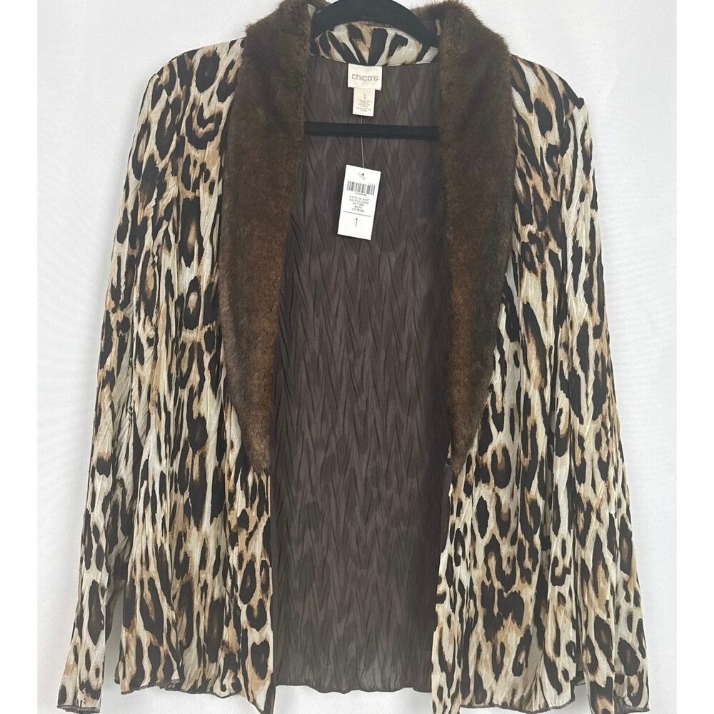 Chicos Womens Leopard Print Pleated Fur Collar Jacket Size 1 Brown Boho Glam NWT